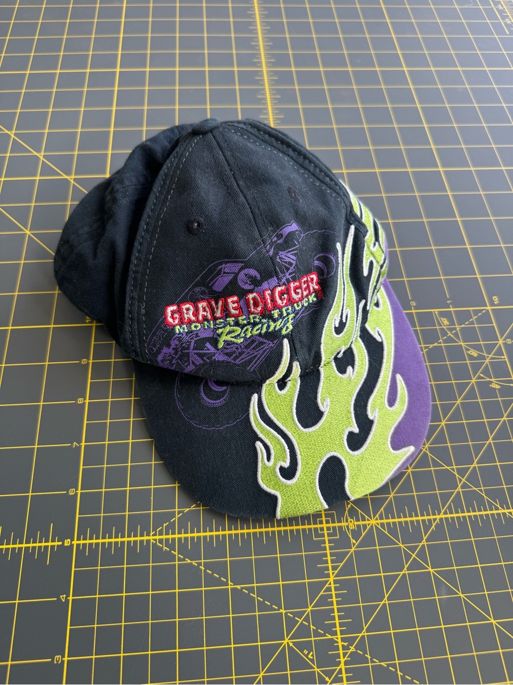 Youth Grave Digger Monster Truck Racing Hat with Lime Flame Visor